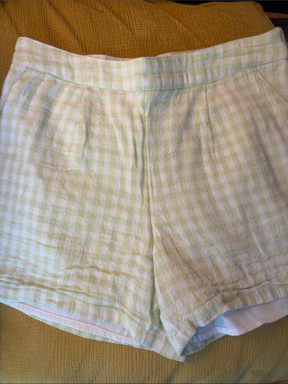abercrombie kids white and pale green gingham high-waist shorts